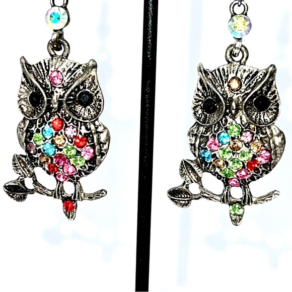 Fashion Jewelry Owl Multiple Color Gemstones Dangle Earrings - Picture 3 of 4